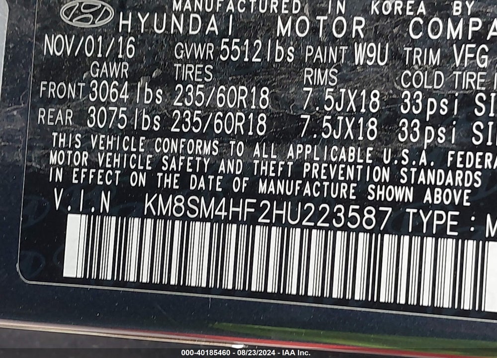 2017 HYUNDAI SANTA FE SE VIN: KM8SM4HF2HU223587