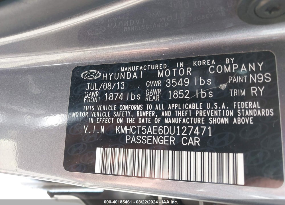 2013 HYUNDAI ACCENT GS VIN: KMHCT5AE6DU127471
