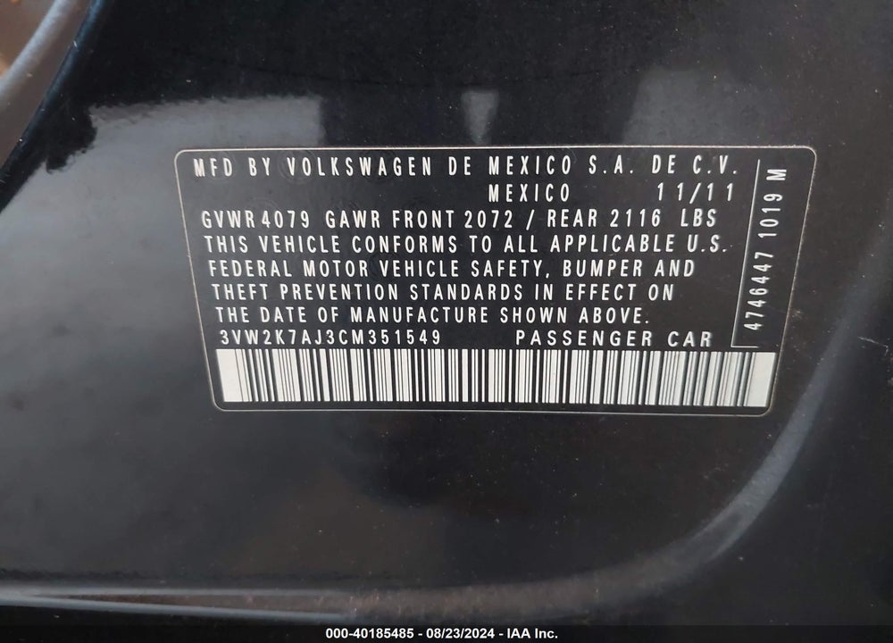 2012 VOLKSWAGEN JETTA 2.0L S VIN: 3VW2K7AJ3CM351549
