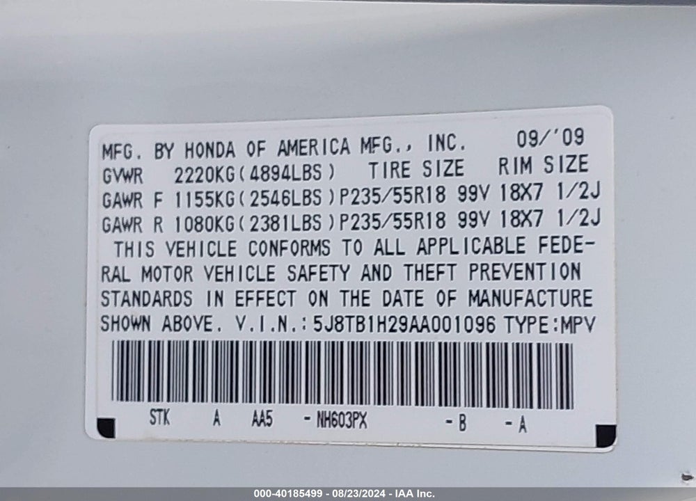 2010 ACURA RDX VIN: 5J8TB1H29AA001096