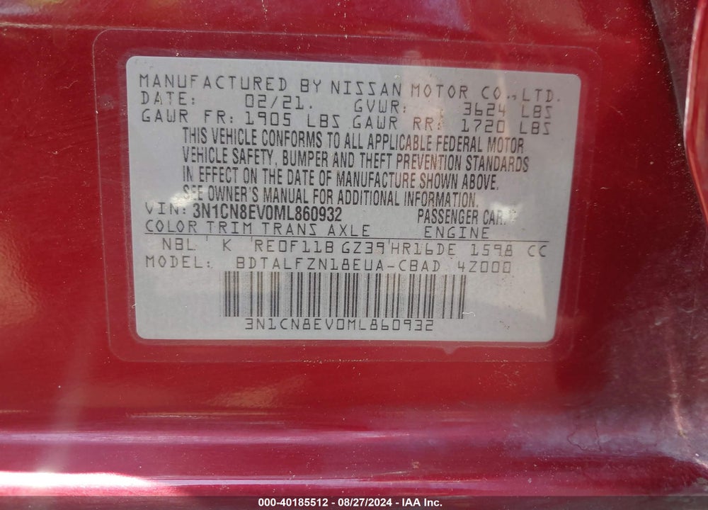 2021 NISSAN VERSA SV XTRONIC CVT VIN: 3N1CN8EV0ML860932