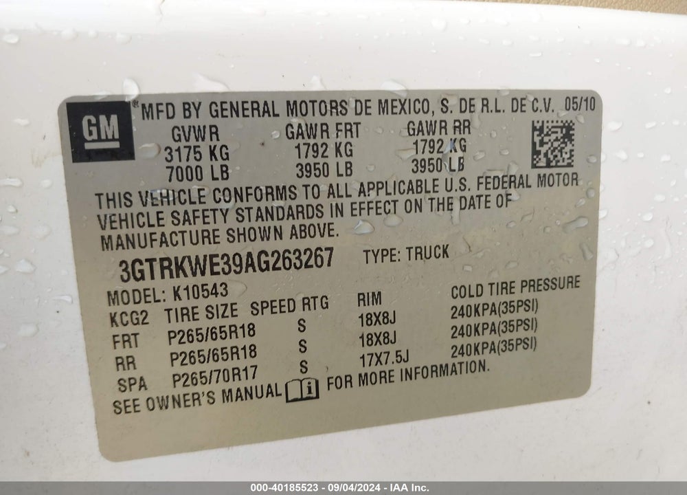 2010 GMC SIERRA 1500 SLT VIN: 3GTRKWE39AG263267