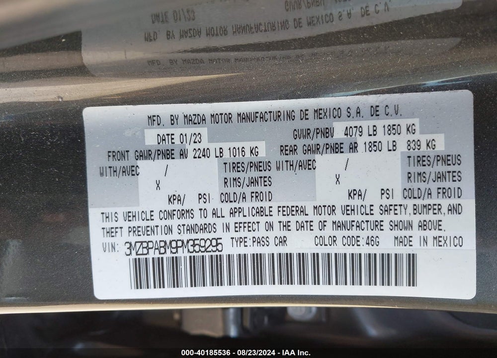 2023 MAZDA 3 2.5 S SELECT VIN: 3MZBPABM9PM359295