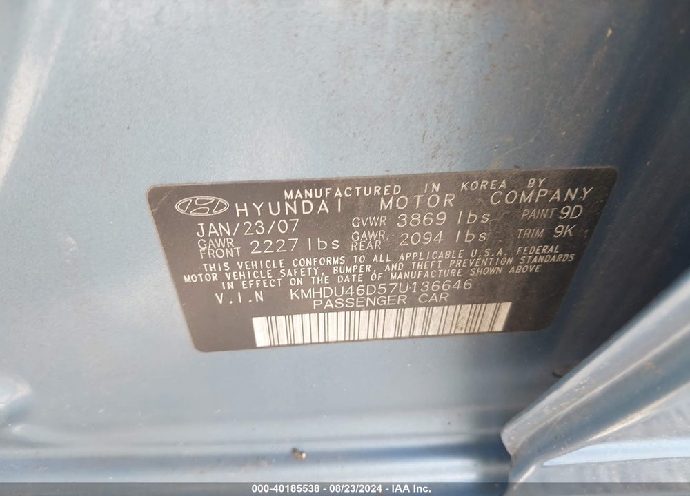2007 HYUNDAI ELANTRA GLS/LIMITED/SE VIN: KMHDU46D57U136646