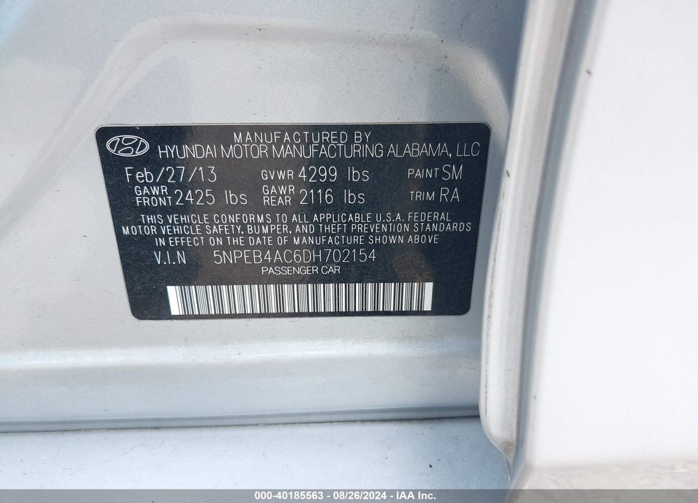 2013 HYUNDAI SONATA GLS VIN: 5NPEB4AC6DH702154