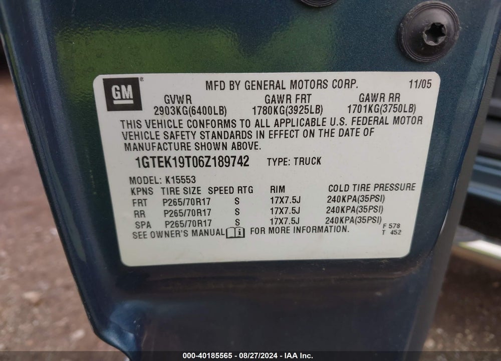 2006 GMC SIERRA 1500 SLE2 VIN: 1GTEK19T06Z189742
