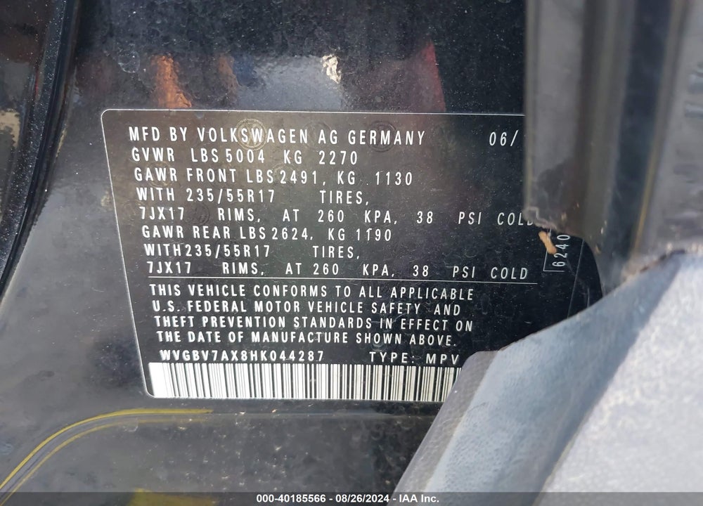 2017 VOLKSWAGEN TIGUAN 2.0T/2.0T S VIN: WVGBV7AX8HK044287