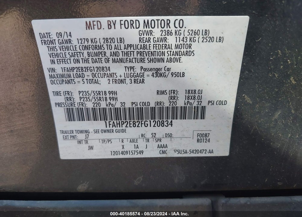2015 FORD TAURUS SEL VIN: 1FAHP2E82FG120834