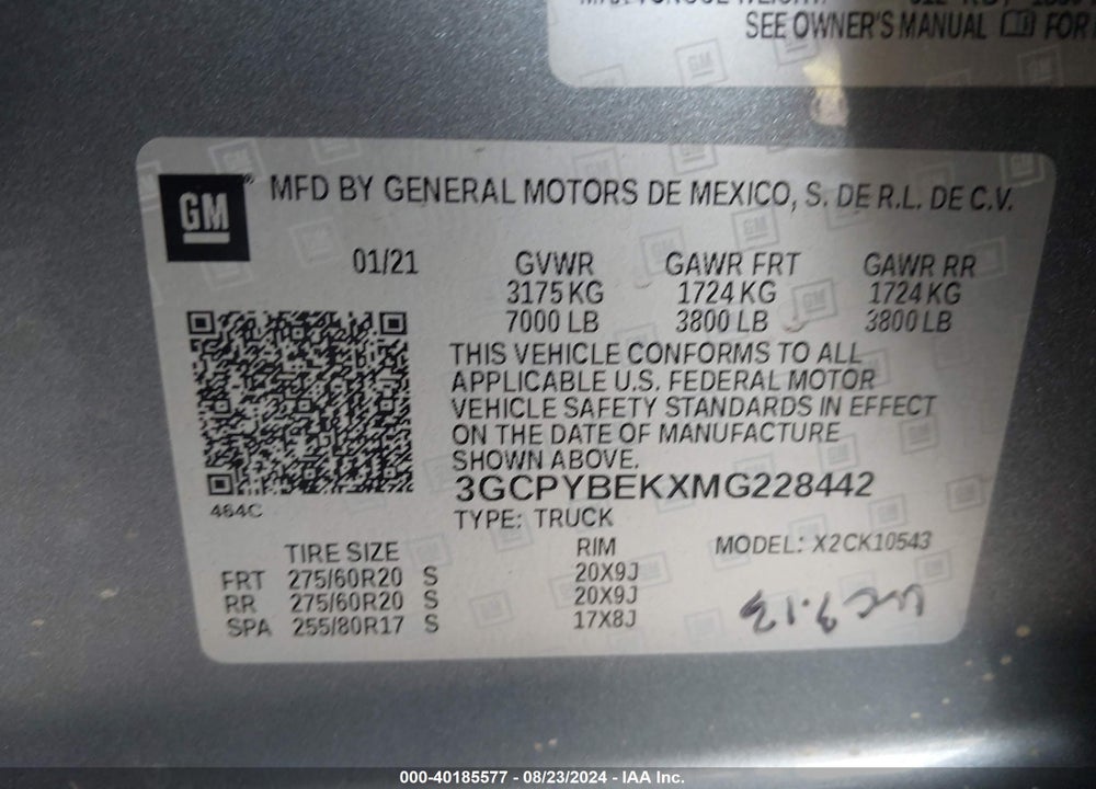 2021 CHEVROLET SILVERADO 1500 4WD SHORT BED CUSTOM VIN: 3GCPYBEKXMG228442