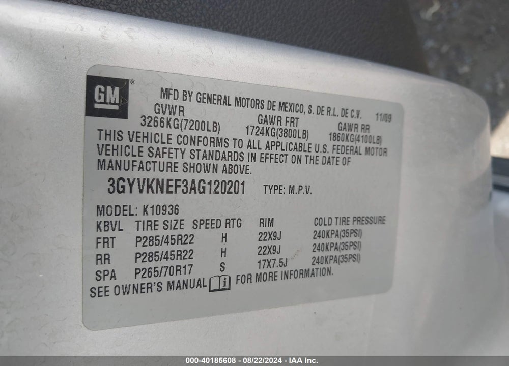 2010 CADILLAC ESCALADE EXT PREMIUM VIN: 3GYVKNEF3AG120201