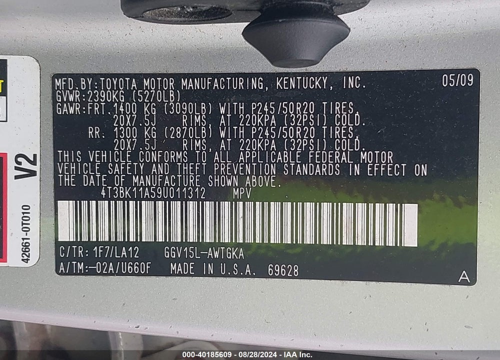 2009 TOYOTA VENZA BASE V6 VIN: 4T3BK11A59U011312