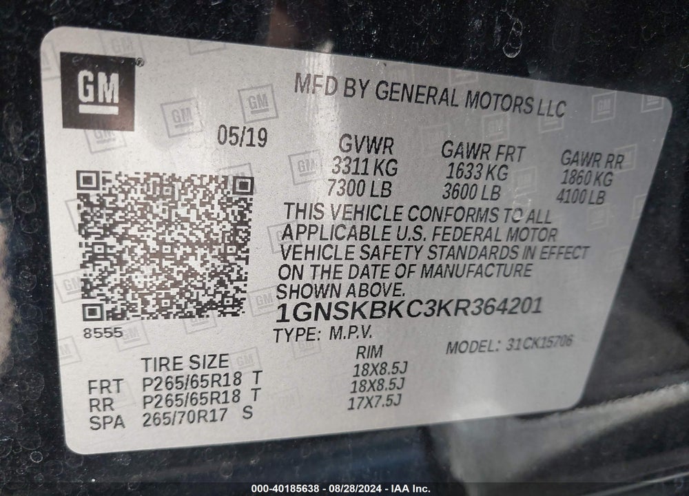 2019 CHEVROLET TAHOE LT VIN: 1GNSKBKC3KR364201