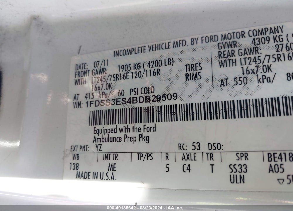 2011 FORD E-350 SUPER DUTY COMMERCIAL VIN: 1FDSS3ES4BDB29509