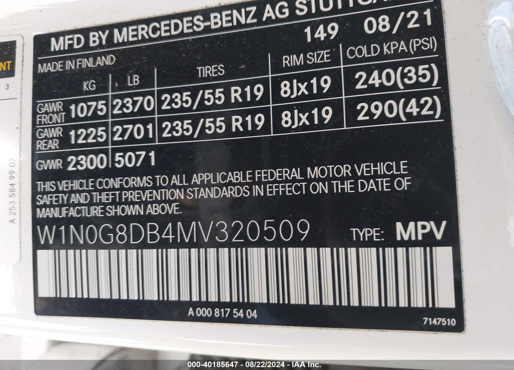 2021 MERCEDES-BENZ GLC 300 SUV VIN: W1N0G8DB4MV320509