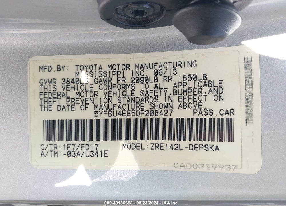 2013 TOYOTA COROLLA VIN: 5YFBU4EE5DP208427