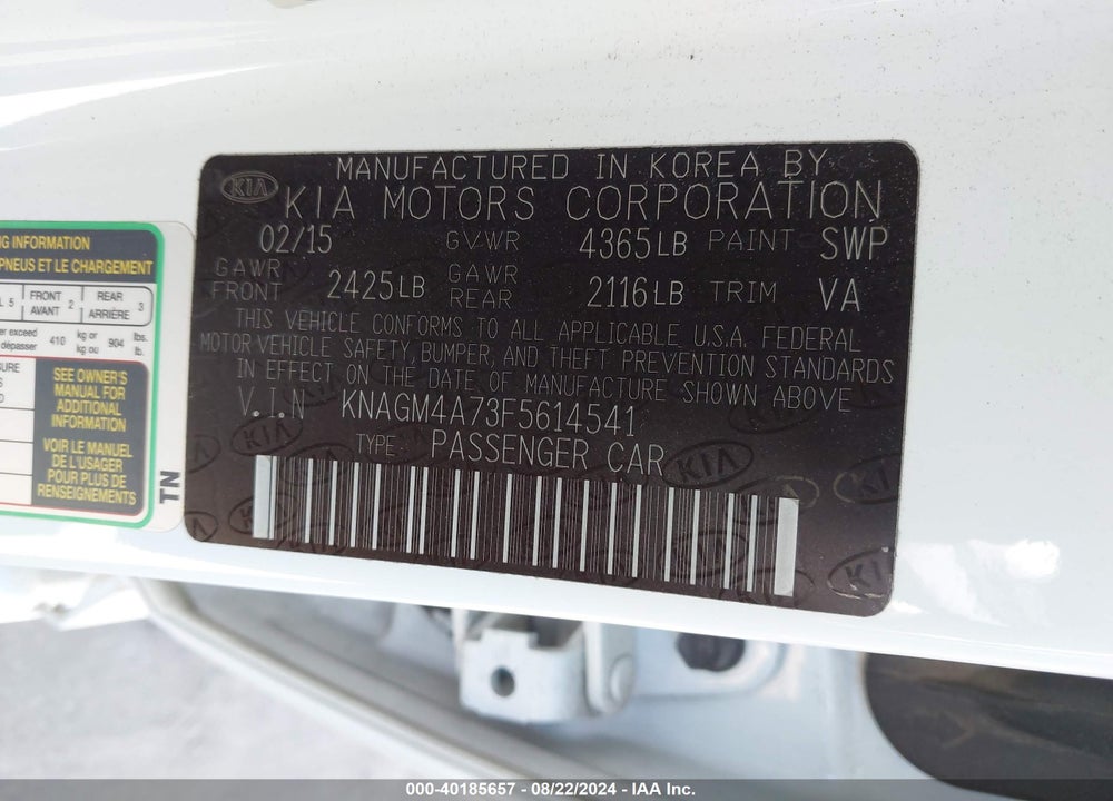 2015 KIA OPTIMA VIN: KNAGM4A73F5614541