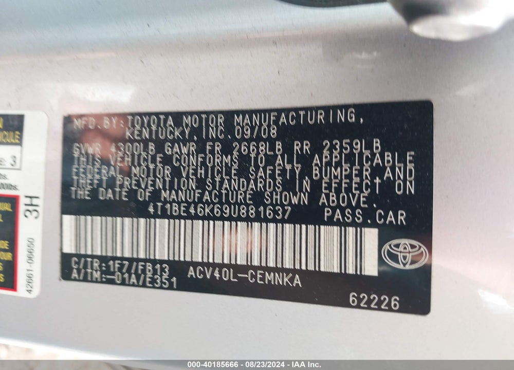 2009 TOYOTA CAMRY VIN: 4T1BE46K69U881637