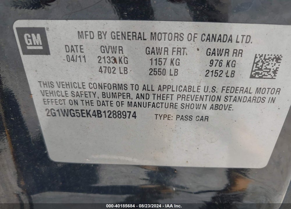 2011 CHEVROLET IMPALA LT VIN: 2G1WG5EK4B1288974