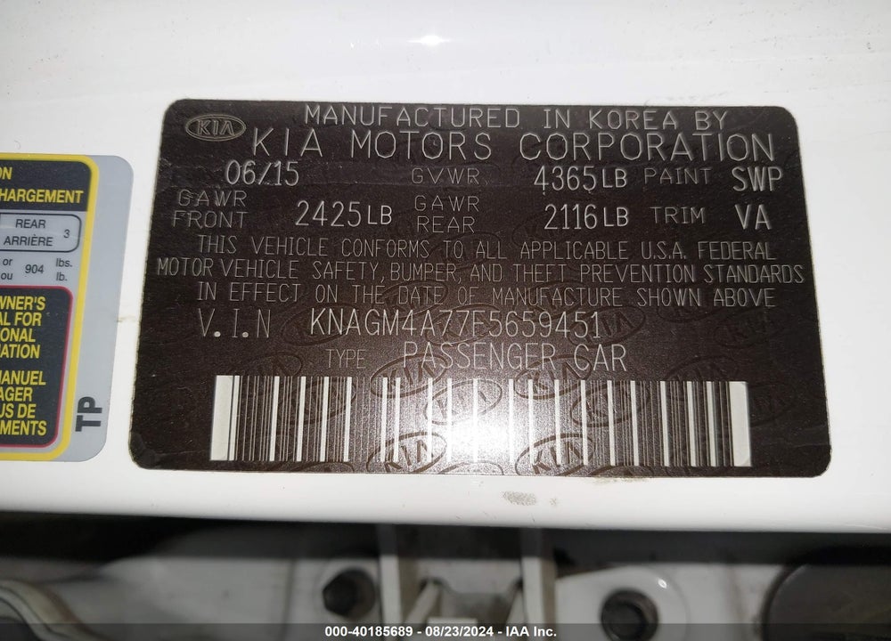 2015 KIA OPTIMA LX VIN: KNAGM4A77F5659451