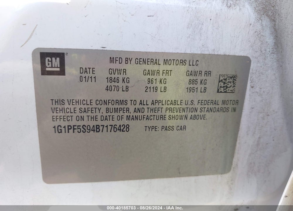 2011 CHEVROLET CRUZE 1LT VIN: 1G1PF5S94B7176428