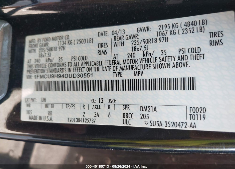 2013 FORD ESCAPE SEL VIN: 1FMCU9H94DUD30551