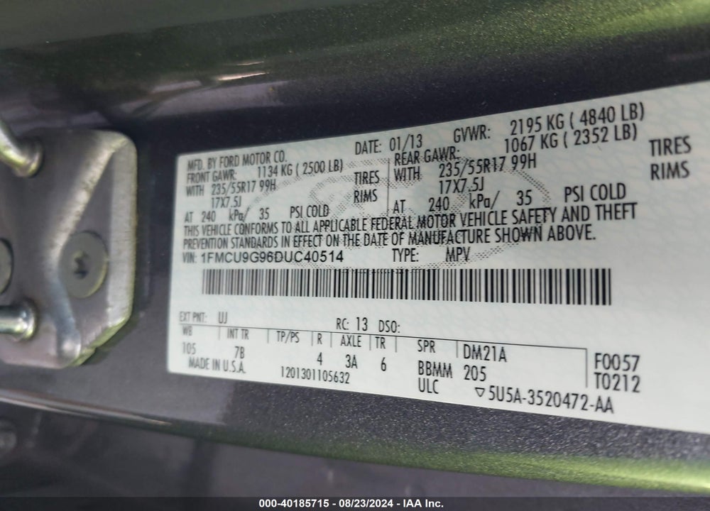 2013 FORD ESCAPE SE VIN: 1FMCU9G96DUC40514
