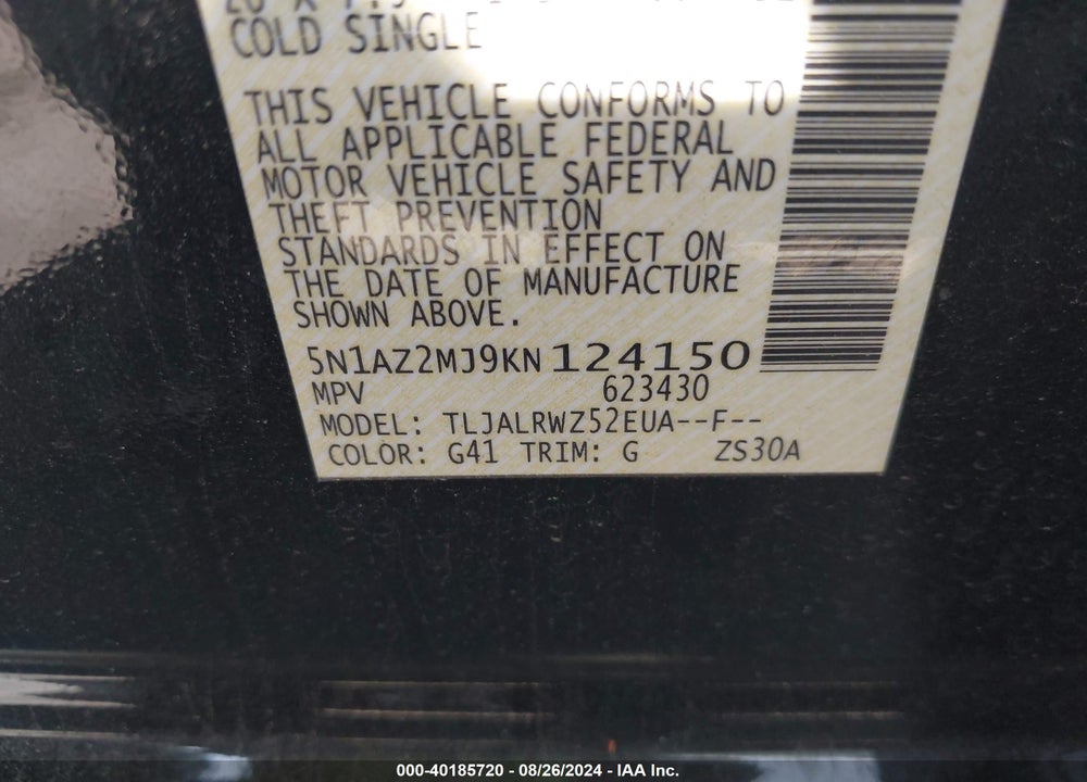 2019 NISSAN MURANO SL VIN: 5N1AZ2MJ9KN124150