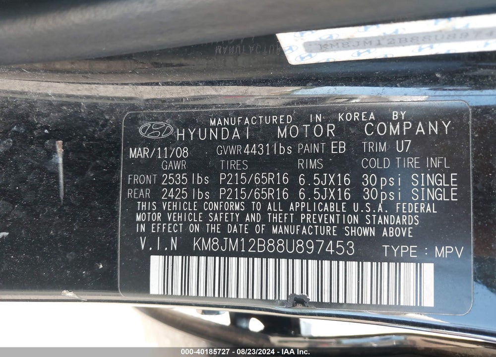 2008 HYUNDAI TUCSON GLS VIN: KM8JM12B88U897453