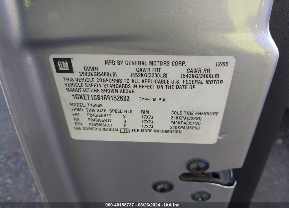 2006 GMC ENVOY XL SLT VIN: 1GKET16S166152603