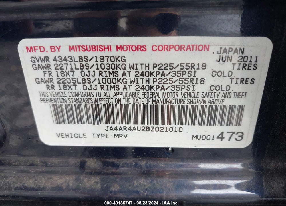 2011 MITSUBISHI OUTLANDER SPORT SE VIN: JA4AR4AU2BZ021010