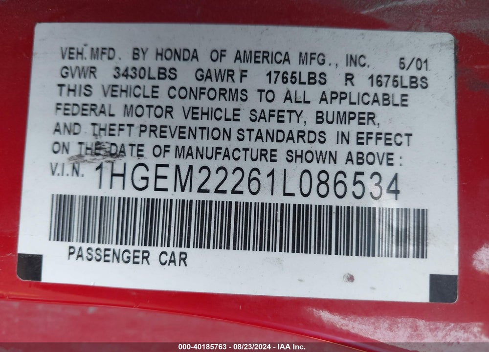 2001 HONDA CIVIC DX VIN: 1HGEM22261L086534