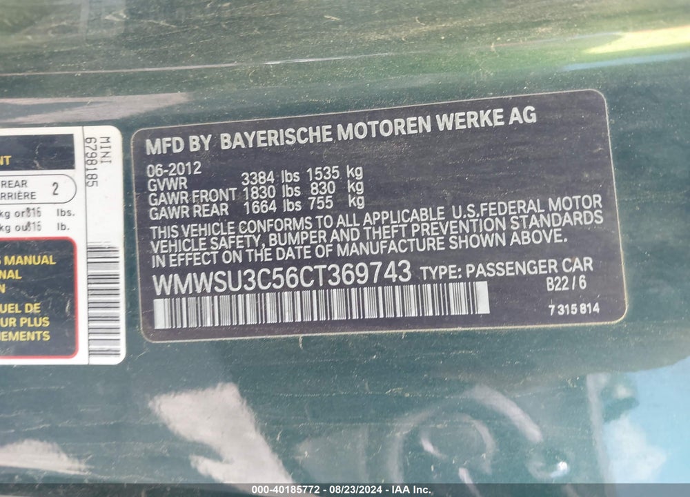 2012 MINI COOPER VIN: WMWSU3C56CT369743