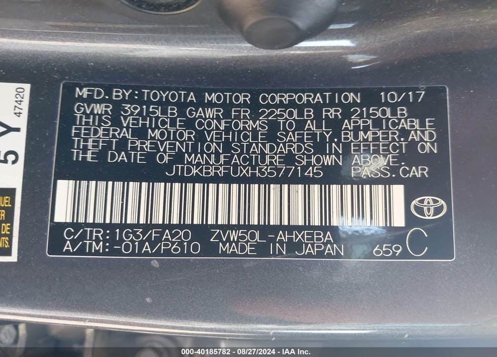 2017 TOYOTA PRIUS TWO VIN: JTDKBRFUXH3577145