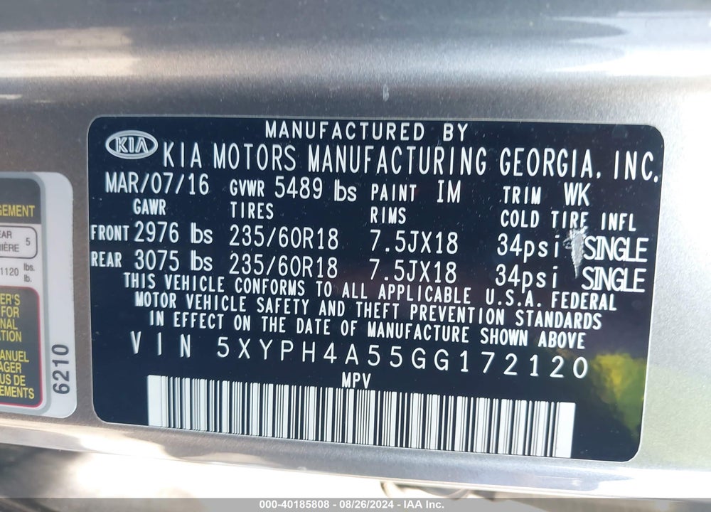 2016 KIA SORENTO 3.3L EX VIN: 5XYPH4A55GG172120