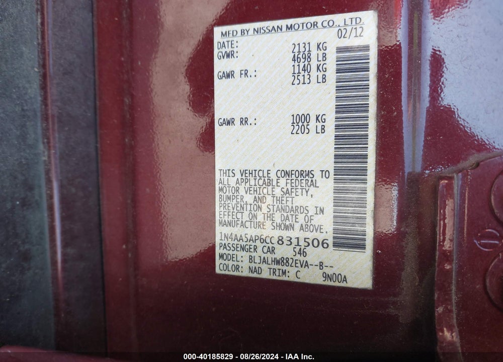 2012 NISSAN MAXIMA 3.5 SV VIN: 1N4AA5AP6CC831506