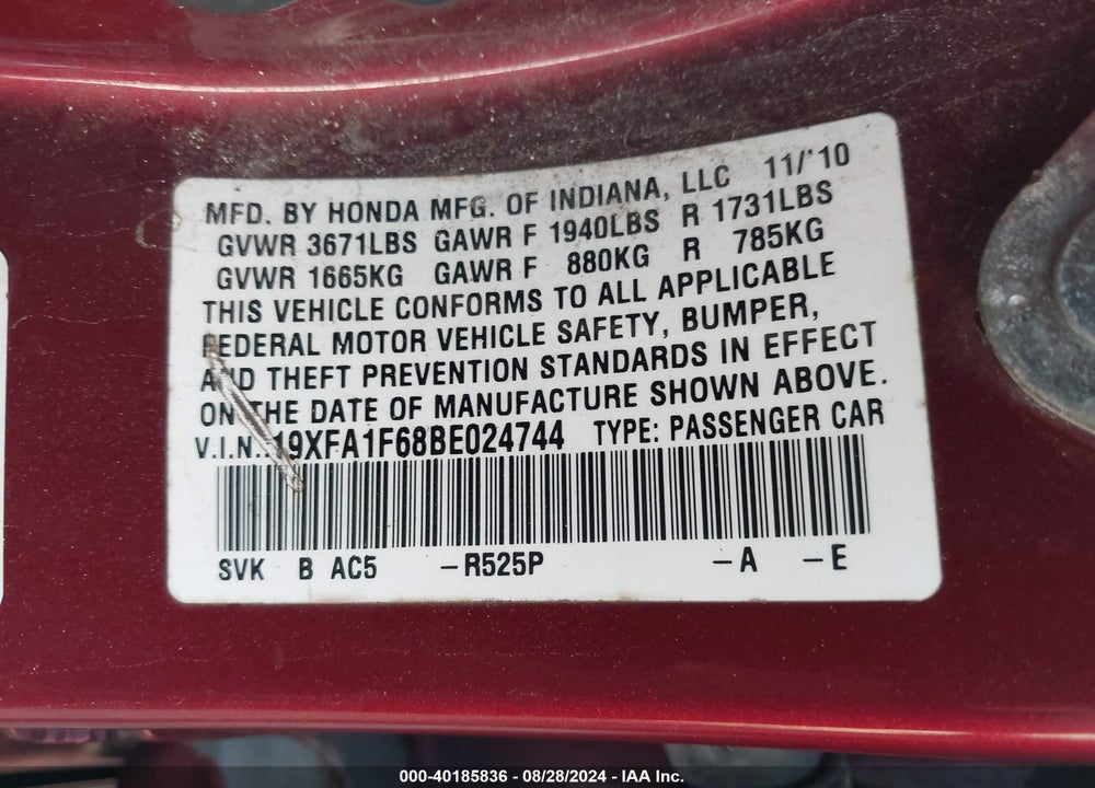 2011 HONDA CIVIC LX-S VIN: 19XFA1F68BE024744