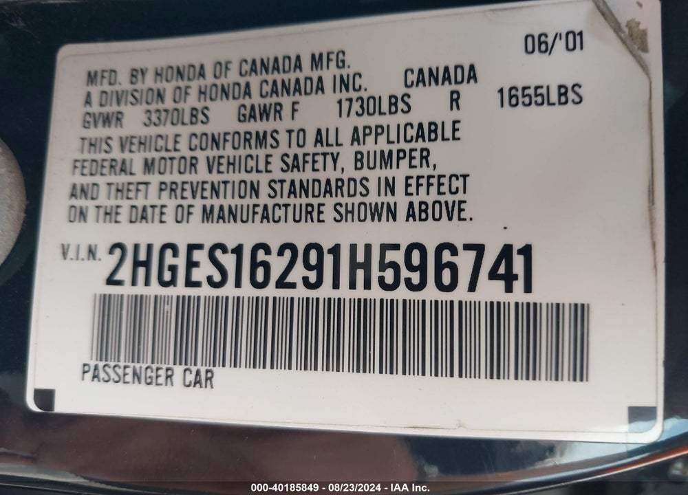2001 HONDA CIVIC VIN: 2HGES16291H596741