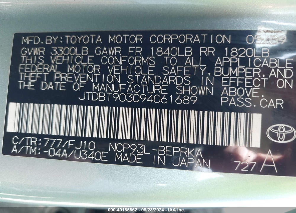 2009 TOYOTA YARIS VIN: JTDBT903094061689