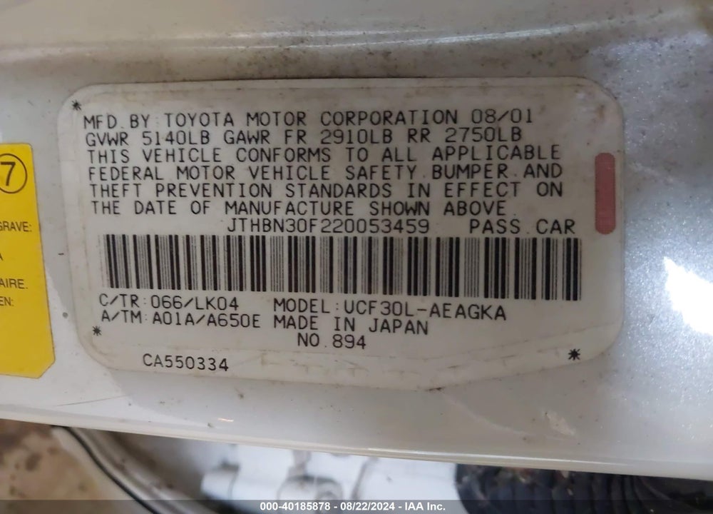 2002 LEXUS LS 430 VIN: JTHBN30F220053459