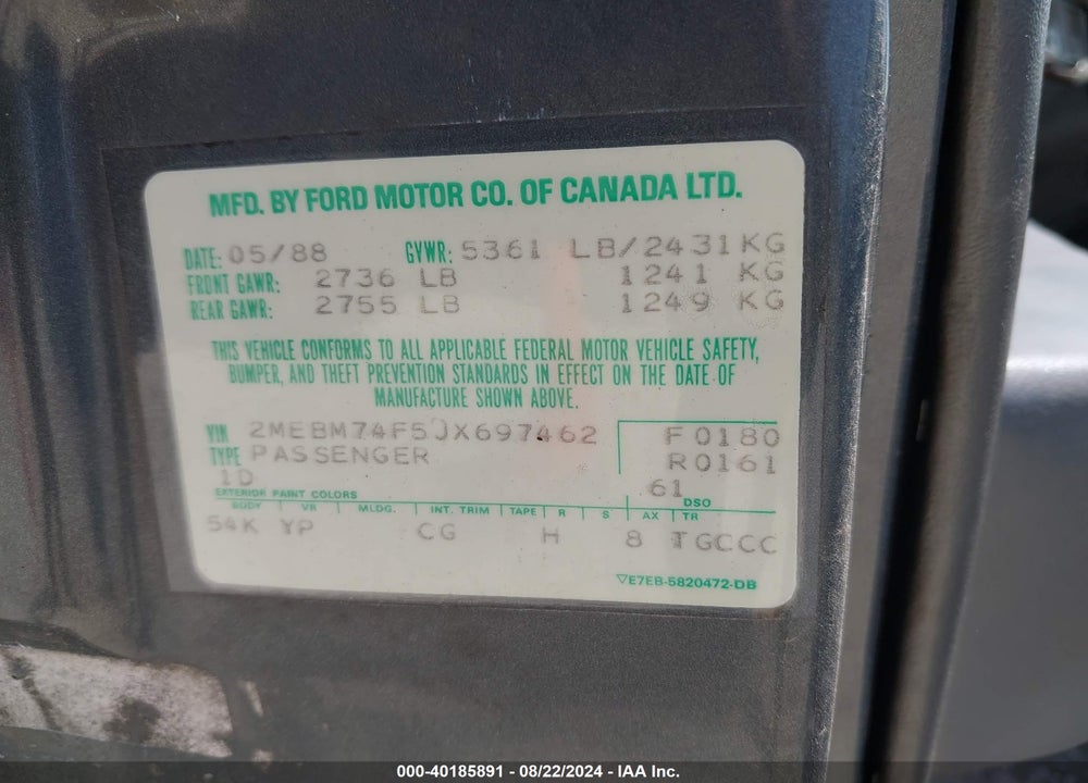 1988 MERCURY GRAND MARQUIS GS VIN: 2MEBM74F5JX697462