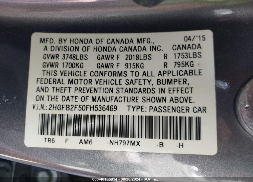 2015 HONDA CIVIC VIN: 2HGFB2F50FH536469