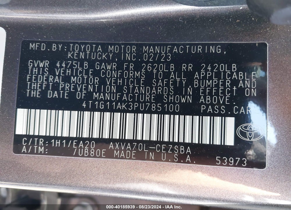 2023 TOYOTA CAMRY SE VIN: 4T1G11AK3PU785100
