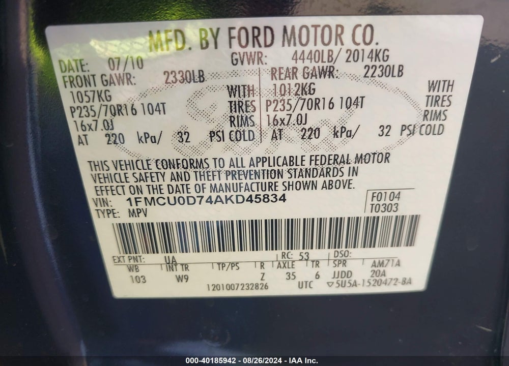 2010 FORD ESCAPE VIN: 1FMCU0D74AKD45834