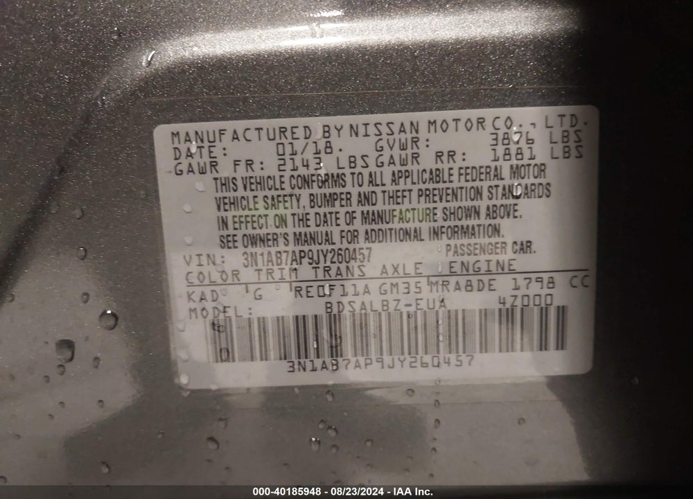 2018 NISSAN SENTRA S VIN: 3N1AB7AP9JY260457