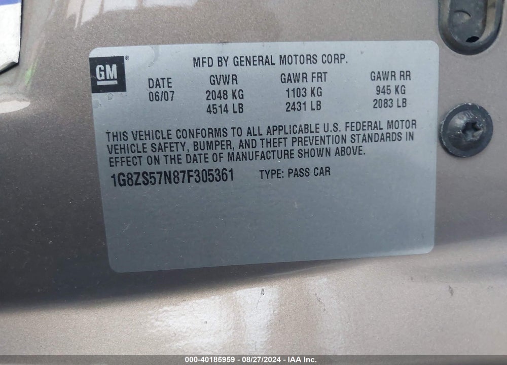 2007 SATURN AURA XE VIN: 1G8ZS57N87F305361