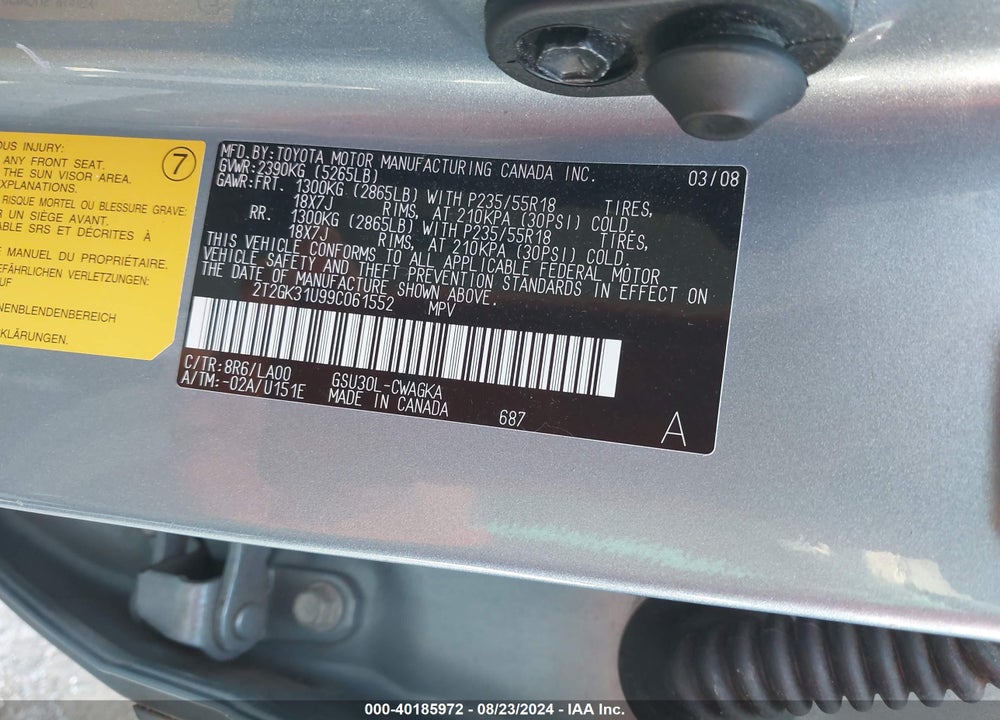 2009 LEXUS RX 350 VIN: 2T2GK31U99C061552