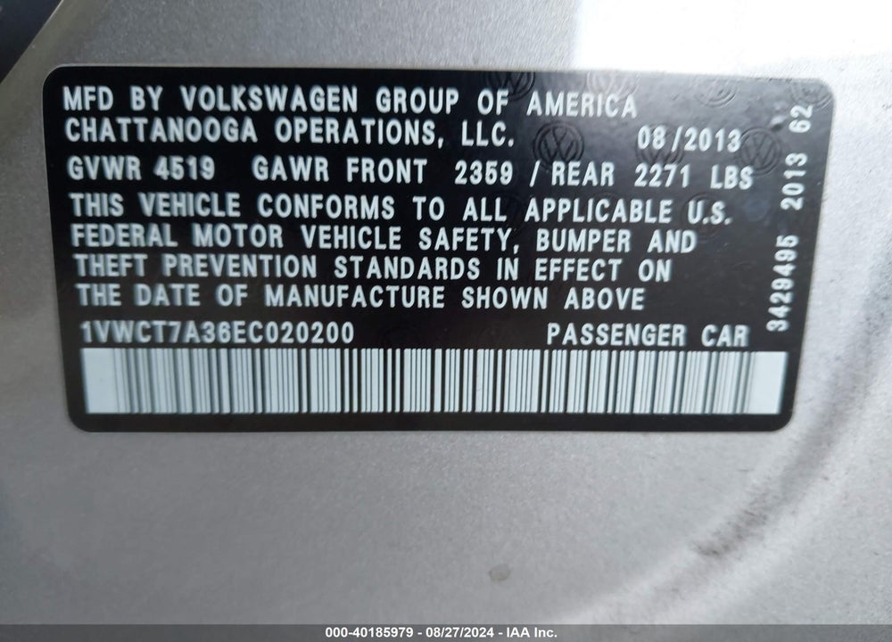 2014 VOLKSWAGEN PASSAT 1.8T SEL PREMIUM VIN: 1VWCT7A36EC020200