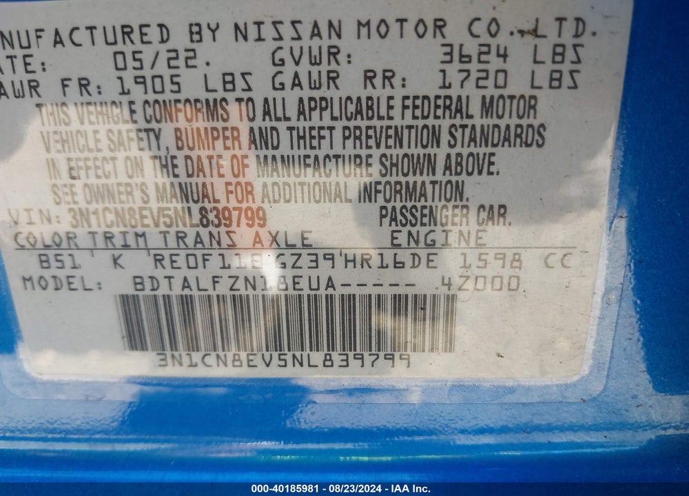 2022 NISSAN VERSA 1.6 SV XTRONIC CVT VIN: 3N1CN8EV5NL839799