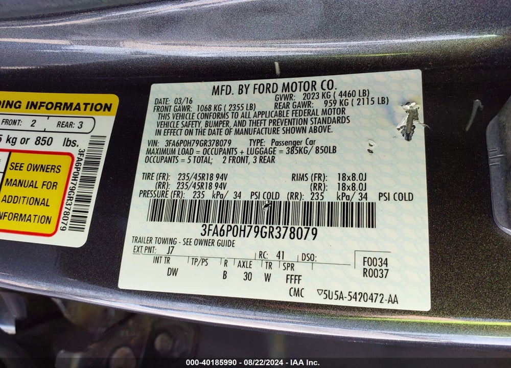 2016 FORD FUSION SE VIN: 3FA6P0H79GR378079