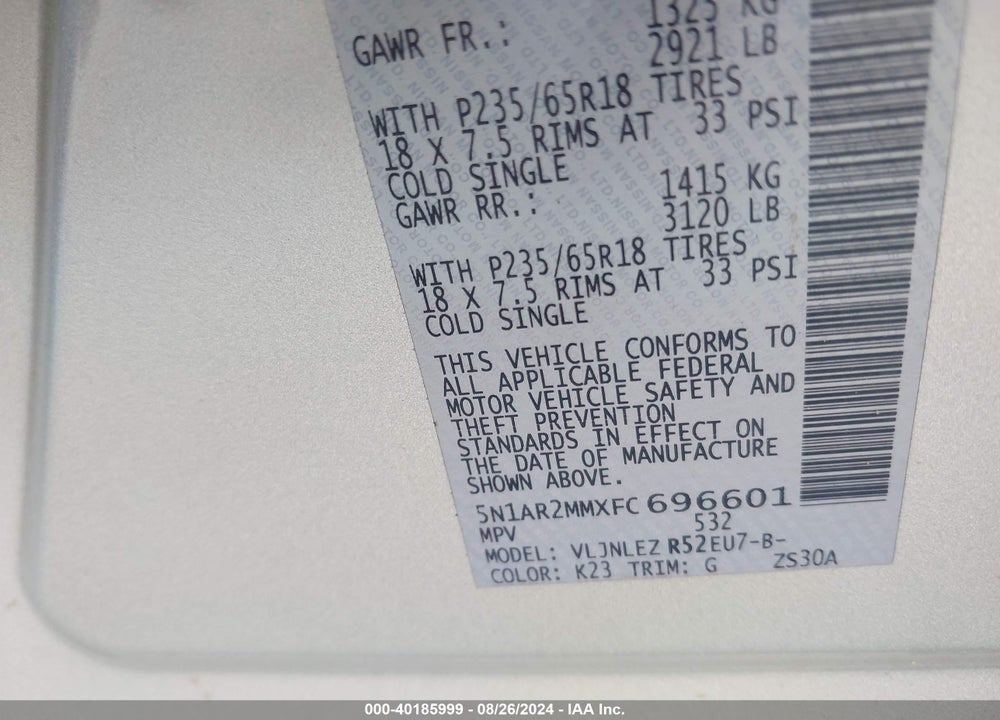 2015 NISSAN PATHFINDER SV VIN: 5N1AR2MMXFC696601